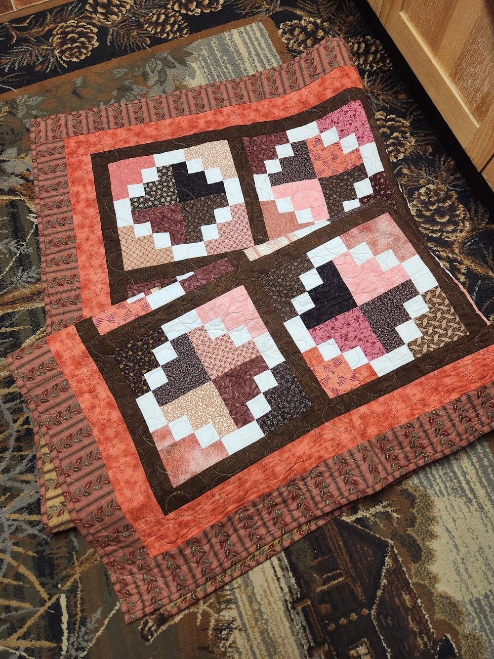 Handmade Quilt in Coral, Pink and Brown - Home Bedding Quilts
